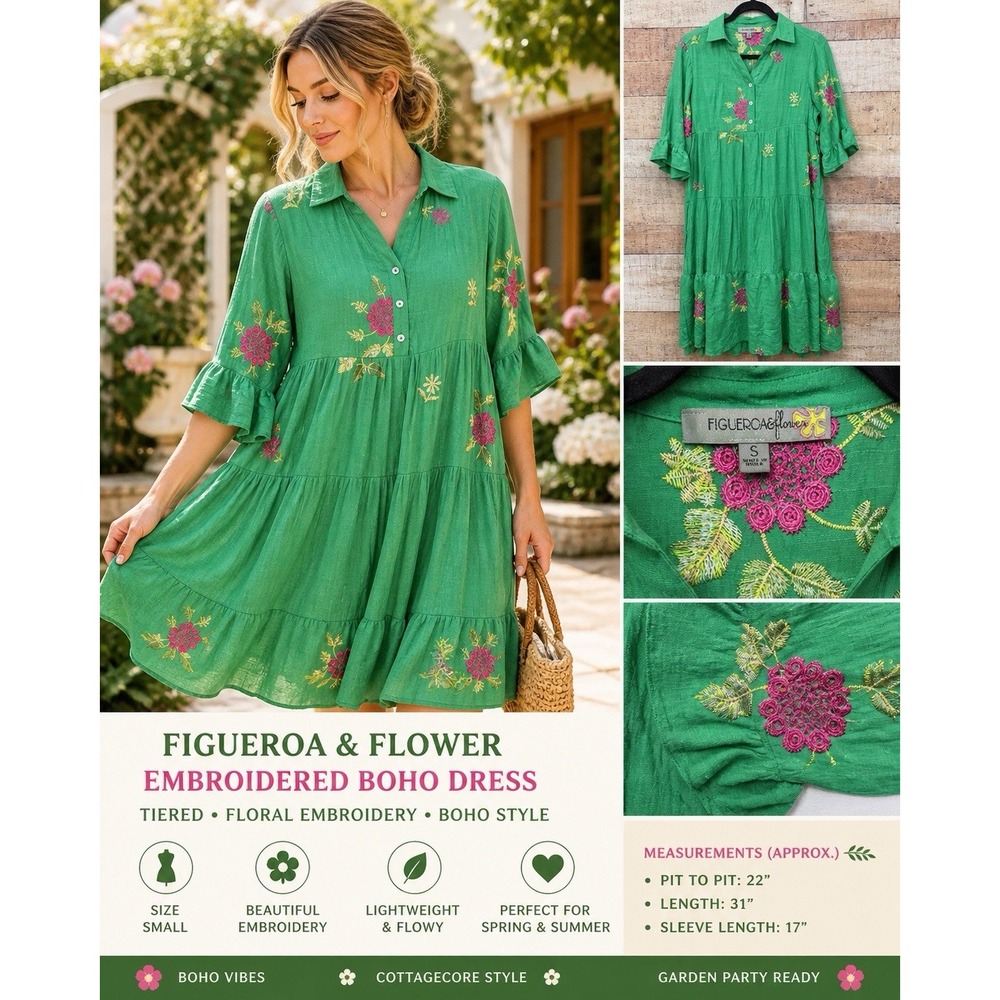 Figueroa & Flower Embroidered Boho Dress Womens Small Green Excellent Tiered